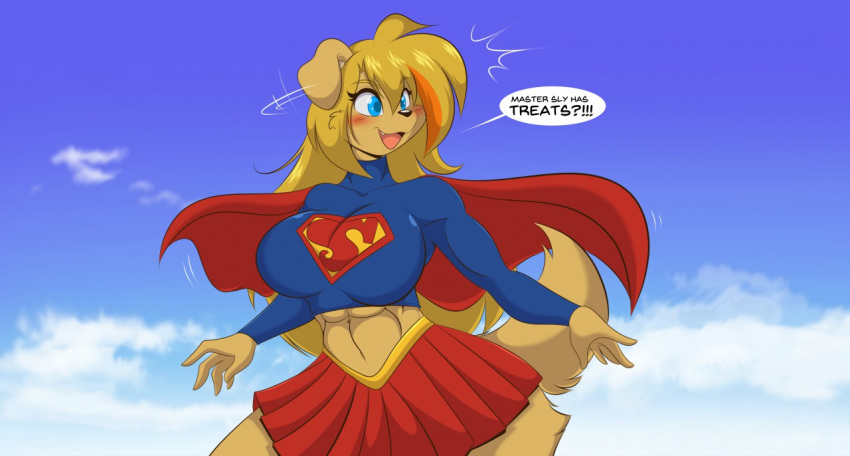 abs anthro big_breasts blonde_hair blue_eyes breasts canid canine canis clothing cloud cosplay costume domestic_dog female hair long_hair mammal mastergodai midriff open_mouth rascals sky solo super_girl superhero superhero_costume superman_(series) yuriko_(mastergodai)