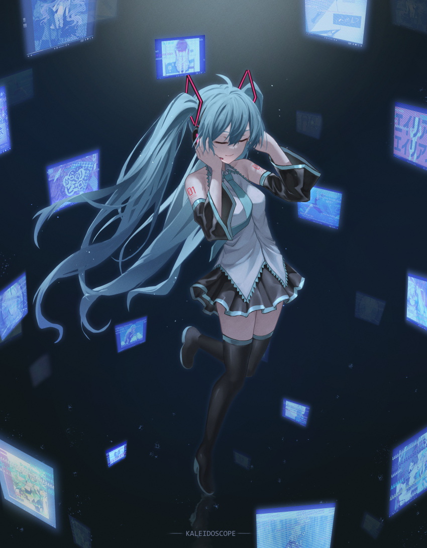 absurdres alien_alien_(vocaloid) aqua_hair aqua_necktie black_background black_footwear black_skirt black_sleeves boots closed_eyes commentary danmaku_comments detached_sleeves faldeus female floating_hair full_body grey_shirt hands_on_own_head hands_up hatsune_miku hatsune_miku_no_shoushitsu_(vocaloid) headphones hello/how_are_you_(vocaloid) hibana_(vocaloid) highres karakuri_pierrot_(vocaloid) koi_wa_sensou_(vocaloid) leg_up light_particles long_hair mabel_(vocaloid) melt_(vocaloid) necktie niconico number_tattoo parody_request screen senbonzakura_(vocaloid) shinkai_shoujo_(vocaloid) shirt shoulder_tattoo sidelocks simple_background skirt smile solo spica_(vocaloid) tattoo thigh_boots thighhighs time_machine_(vocaloid) twintails umiyuri_kaiteitan_(vocaloid) unhappy_refrain_(vocaloid) very_long_hair vocaloid world_is_mine_(vocaloid)