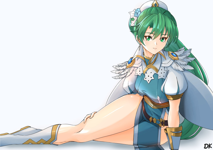 arm_support belt boots breasts cape capelet closed_mouth commentary deekei feather_trim female fire_emblem fire_emblem:_the_blazing_blade fire_emblem_heroes gradient_background green_eyes green_hair hair_ornament highres knee_boots long_hair looking_at_viewer lyn_(fire_emblem) lyn_(resplendent)_(fire_emblem) medium_breasts pelvic_curtain shiny_skin short_sleeves signature simple_background sitting solo thighs tied_hair