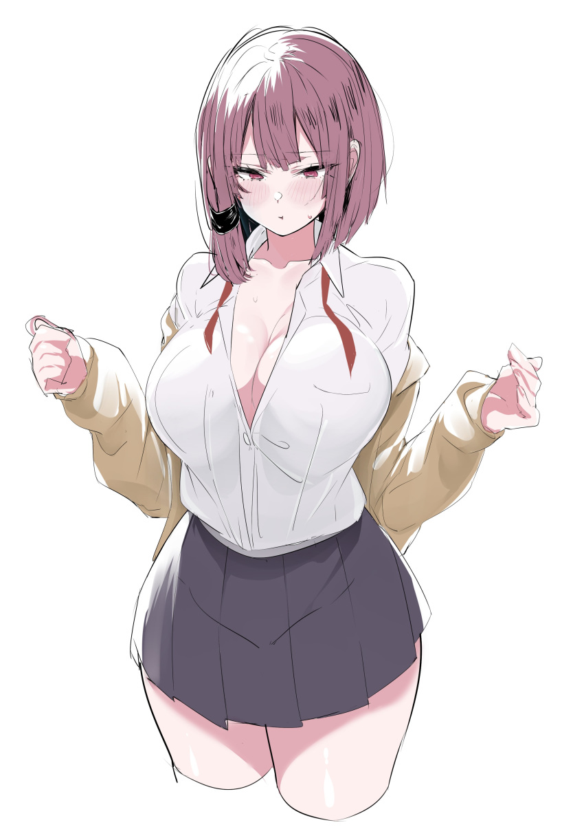 :t absurdres blush breasts cleavage collarbone cowboy_shot cropped_legs female hair_ornament highres large_breasts original partially_unbuttoned red_eyes riputon_(fsoudb87edujztp) school_uniform simple_background skirt solo sweat sweatdrop sweater thighs white_background