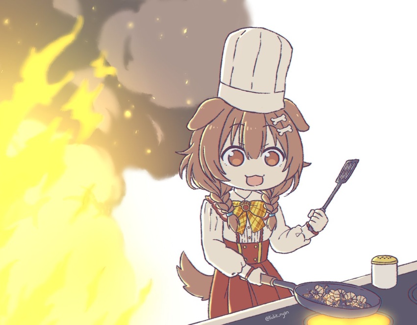 animal_ears bone_hair_ornament braid brown_eyes brown_hair chef_hat cooking dog_ears dog_girl dog_tail female fire food frying_pan hair_ornament hat hololive inugami_korone inugami_korone_(street) kukie-nyan long_hair long_sleeves low_twin_braids solo spatula stove tail toque_blanche twin_braids virtual_youtuber