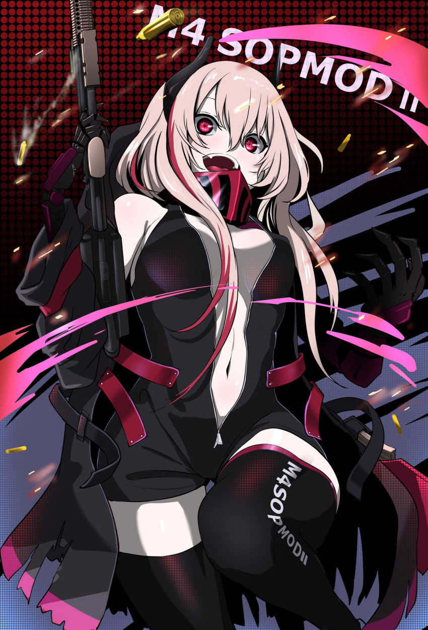 :d assault_rifle black_jacket black_legwear bullet character_name coat female girls'_frontline gloves gun highres holding holding_weapon jacket jumpsuit long_hair m4_carbine m4_sopmod_ii m4_sopmod_ii_(girls'_frontline) m4_sopmod_ii_(mod3)_(girls'_frontline) mechanical_arms multicolored_hair open_clothes pink_hair red_eyes red_hair rifle single_mechanical_arm smile solo streaked_hair weapon zandorosouls