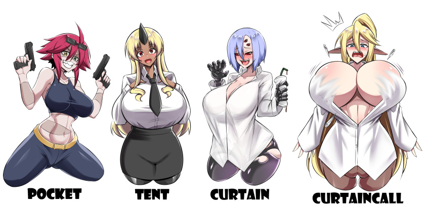 4girls absurdres animal_ears arachne arthropod_girl black_necktie blonde_hair blue_hair breasts bursting_breasts centaur centorea_shianus collared_shirt crop_top curtain_call_challenge_(meme) dark-skinned_female dark_skin dual_wielding english_text extra_eyes eyewear_on_head green_eyes gun handgun heterochromia highres holding holding_gun holding_weapon horns horse_ears huge_breasts large_breasts long_hair long_sleeves meme midriff monster_girl monster_musume_no_iru_nichijou multiple_girls navel necktie ogre patchwork_skin ponytail popped_button rachnera_arachnera red_eyes red_hair shirt shirt_overhang shirt_tucked_in short_hair single_horn spider_girl sunglasses taur tented_shirt tionishia virusotaku wardrobe_malfunction weapon white_shirt yellow_eyes zombie zombina_(monster_musume)