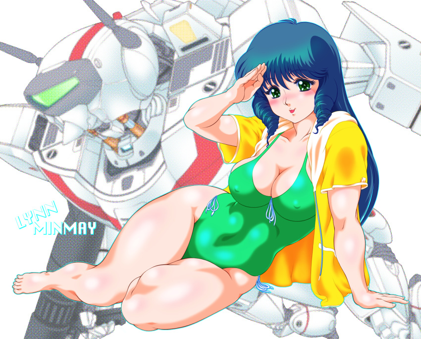 1980s_(style) :p arm_support arm_up assault_visor barefoot blue_hair blush breasts casual_one-piece_swimsuit character_name choujikuu_yousai_macross cleavage closed_mouth collarbone commentary_request covered_navel covered_nipples curvy dithered_background dithering drawstring drill_hair energy_cannon feet female front-tie_top full_body gintama_danshaku green_eyes green_one-piece_swimsuit green_visor gun gunpod hair_between_eyes halftone head_tilt highres holding holding_gun holding_weapon hood hood_down hooded_jacket jacket leaning_to_the_side light_smile long_hair looking_at_viewer lying lynn_minmay machinery macross macross:_do_you_remember_love? macross:_the_first md5_mismatch mecha medium_breasts one-piece_swimsuit open_clothes open_jacket outline pocket reclining redesign resolution_mismatch retro_artstyle robot salute science_fiction shiny_clothes short_sleeves side-tie_swimsuit side_drill sideboob sidelocks simple_background skin_tight smile source_smaller swimsuit swimsuit_under_clothes thick_thighs thighs tongue tongue_out twin_drills variable_fighter vf-1 vf-1j weapon white_background wide_hips yellow_jacket