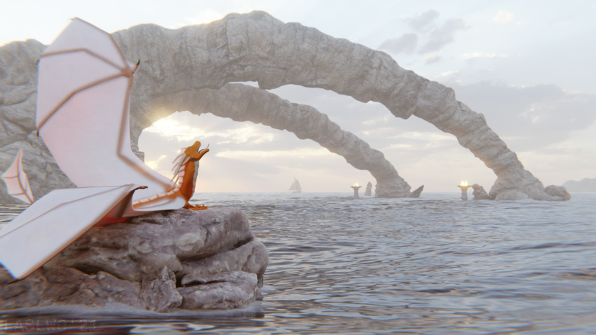 16:9 3d_(artwork) basking closed_eyes cloud digital_media_(artwork) dragon european_mythology feral hi_res laslwo lying male mythological_creature mythological_scalie mythology open_mouth outside rock sal_(laslwo) scalie sea solo sunset tail water western_dragon widescreen yawn