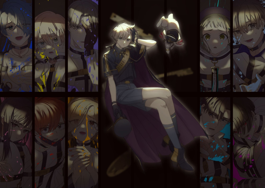 1other 5boys 5girls akka ankle_boots belt black_hair blue_hair boots brown_hair buckle cape capelet choker crossed_legs ear_piercing earrings es_(milgram) expressionless gloves hair_over_one_eye hand_in_own_hair hand_over_eye hat highres jackalope jackalope_(milgram) jewelry kajiyama_fuuta kashiki_yuno kayano_mikoto key kirisaki_shidou kneehighs kusunoki_muu long_hair looking_at_viewer mask milgram momose_amane mouth_mask mukuhara_kazui multiple_boys multiple_girls nail_polish open_mouth piercing pink_hair police police_hat police_uniform prison_clothes red_hair sakurai_haruka_(milgram) shadowed shiina_mahiru_(milgram) short_hair shorts sitting socks straitjacket surgical_mask surprised uniform wide-eyed yuzuriha_kotoko