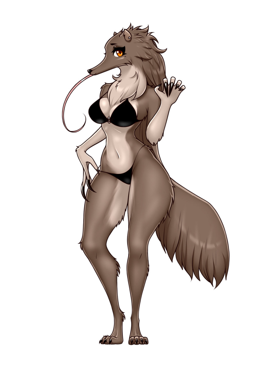 2022 ak2thousand anteater anthro bra claw_polish claws clothing colored_nails ear_piercing female fluffy fluffy_tail front_view hi_res long_claws long_nails long_snout long_tongue looking_at_viewer mammal nails navel orange_eyes panties paws piercing pilosan simple_background slim_female small_waist snout solo tail thick_thighs toe_claws tongue tongue_out underwear white_background xenarthran