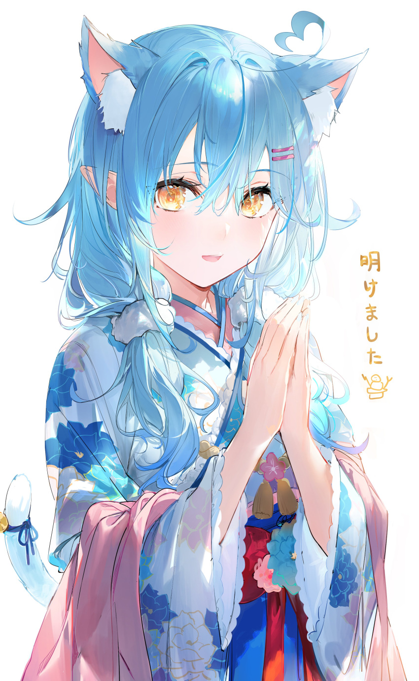 absurdres ahoge animal_ear_fluff animal_ears bell blue_hair blue_tail blue_theme blush bow breasts cat_ears cat_girl cat_tail eyelashes female floral_print hair_between_eyes hair_ornament hairclip happy_new_year heart heart_ahoge highres hololive japanese_clothes kemonomimi_mode kimono light_blue_hair long_hair looking_at_viewer medium_breasts multicolored_hair new_year official_alternate_hairstyle open_mouth own_hands_together palms_together pink_sash pointy_ears praying red_bow ribbon sash simple_background smile solo streaked_hair tail tail_bell tail_ornament tail_ribbon tassel translated twintails umibouzu_(niito) upper_body virtual_youtuber white_background white_kimono wide_sleeves yellow_eyes yukihana_lamy yukihana_lamy_(new_year)