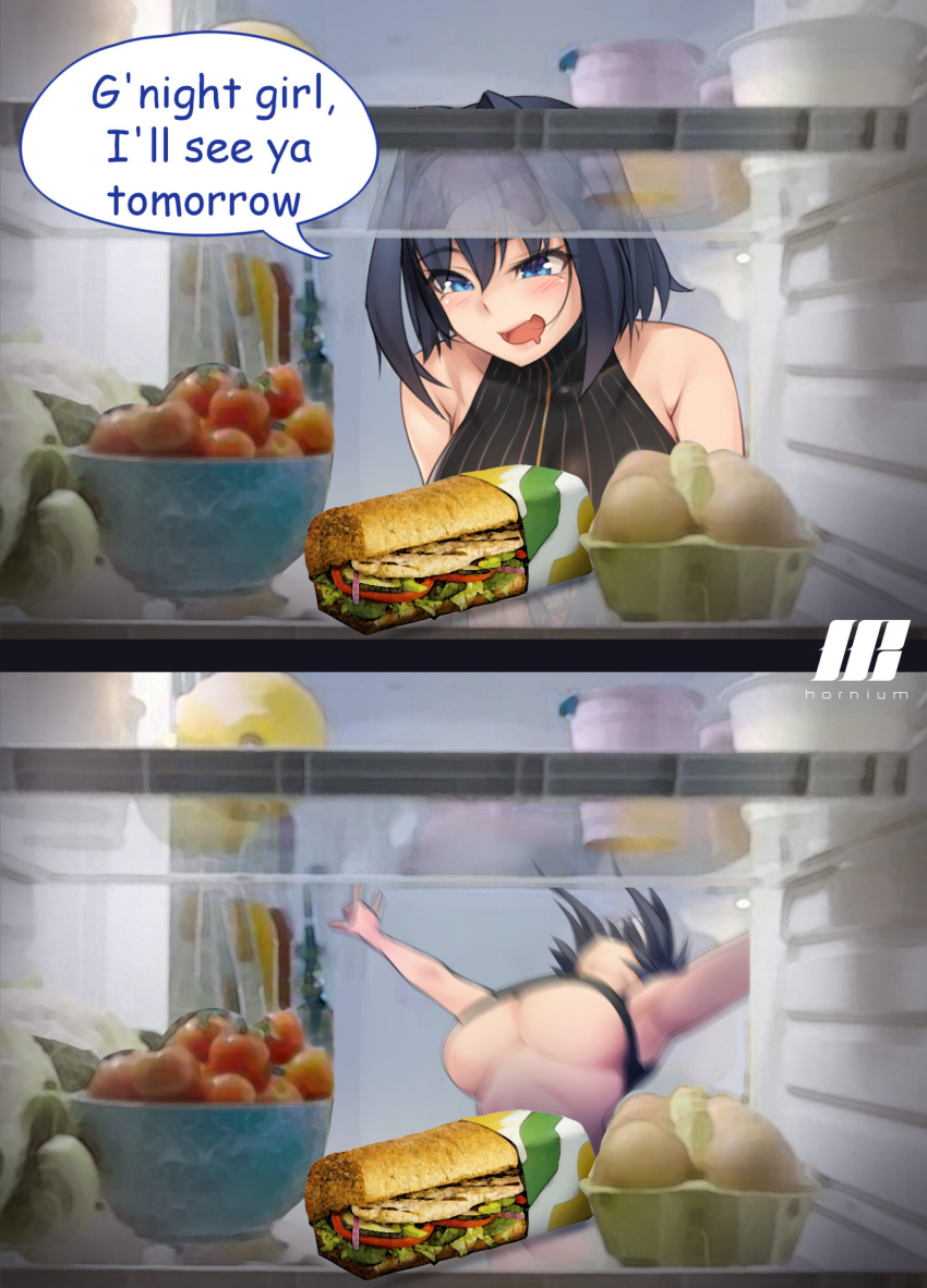 blue_hair bread breasts comic_sans cropped_shirt drooling english_text falling female food hair_intakes highres ho2nium hololive hololive_english in_container in_refrigerator large_breasts meme mouth_drool ouro_kronii refrigerator refrigerator_interior saliva sandwich shirt short_hair sleeveless sleeveless_shirt sleeveless_turtleneck smile solo submarine_sandwich subway_(company) turtleneck underboob virtual_youtuber zipper