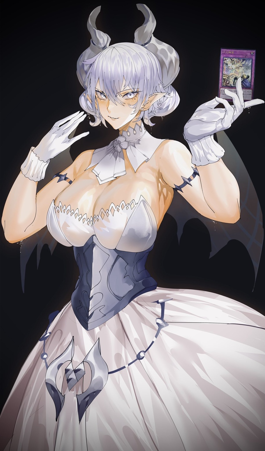 bat_wings black_background breasts card cleavage commentary dimensional_barrier dress duel_monster english_commentary female highres holding holding_card horns large_breasts looking_at_viewer lovely_labrynth_of_the_silver_castle mole mole_under_eye parted_lips pointy_ears short_hair simple_background smile solo tomatolover16 white_dress white_hair wings yu-gi-oh! yu-gi-oh!_master_duel