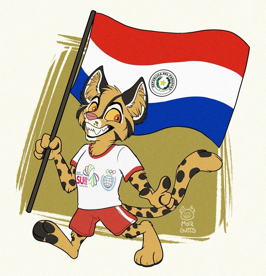 anthro asu2022 black_dots black_ears black_pawpads brown_body brown_fur flag flag_(object) fur furry_ears hi_res holding_flag holding_object male morgutts mountain_cat olympic_mascot olympics paraguayan_flag pawpads pink_nose simple_background smile solo tirika white_background