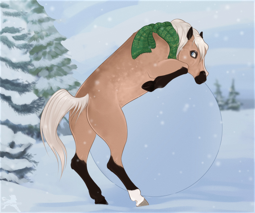 blue_eyes daisy_(wasen) digital_media_(artwork) equid equine feral fluffymare hair hooves horn looking_back mammal mane mythological_creature mythological_equine mythology scarf snow solo unicorn