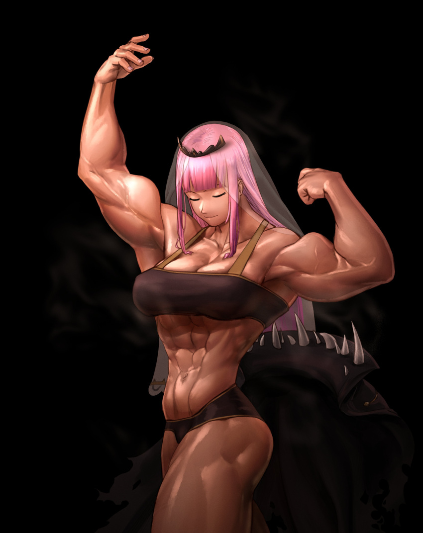 abs absurdres alternate_muscle_size bad_id bad_twitter_id biceps blunt_bangs breasts cleavage closed_eyes commentary cowboy_shot female flexing highres hololive hololive_english large_breasts long_hair mori_calliope mori_calliope_(1st_costume) muscular muscular_female obliques pink_hair simple_background solo tiara veil virtual_youtuber wass_nonnam