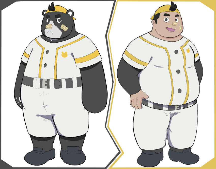 2020 anthro baseball_(sport) baseball_uniform bear belly black_body black_fur bottomwear brand_new_animal clothing duo fur hat headgear headwear hi_res human humanoid_hands male mammal overweight overweight_human overweight_male pants sakisukem shirt sloth_bear_(brand_new_animal) sport sportswear studio_trigger topwear uniform