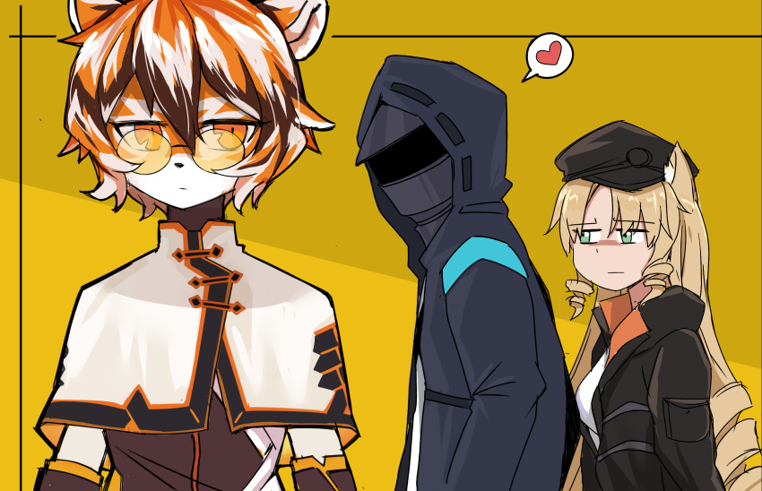 1other 2girls animal_ears arknights black_hair blonde_hair caibao_return distracted_boyfriend_(meme) doctor_(arknights) drill_hair furry furry_female glasses green_eyes hat heart highres jitome looking_over_eyewear meme multicolored_hair multiple_girls orange_eyes orange_fur orange_hair spoken_heart sunglasses swire_(arknights) tiger_ears tinted_eyewear waai_fu_(arknights) white_hair yellow-tinted_eyewear