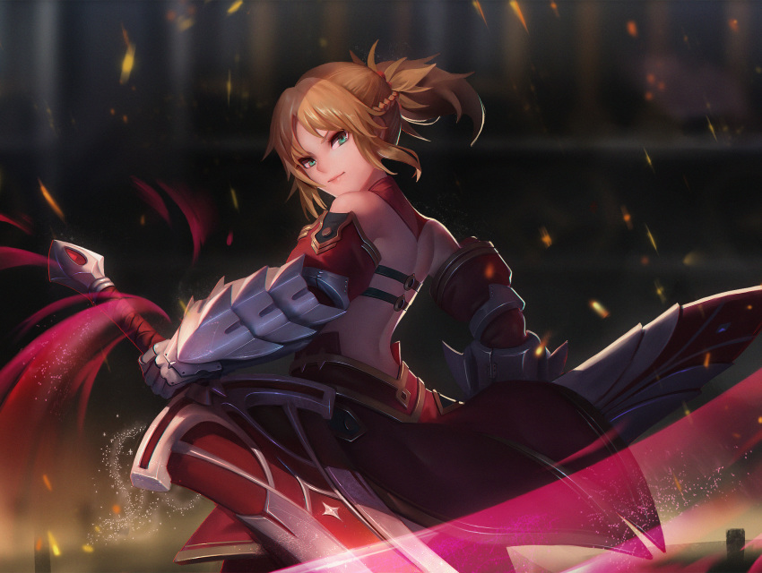 back bad_id bad_pixiv_id bare_shoulders blonde_hair blurry blurry_background braid clarent_(fate) closed_mouth detached_collar detached_sleeves dual_wielding fate/apocrypha fate_(series) female from_behind gauntlets gem green_eyes hair_ornament hair_scrunchie half_up_braid head_tilt highres holding holding_sword holding_weapon light_trail looking_at_viewer looking_back micat mordred_(fate) mordred_(fate/apocrypha) parted_bangs photoshop_(medium) ponytail red_gemstone red_skirt reverse_grip scrunchie short_hair short_ponytail skirt solo standing sword v-shaped_eyebrows weapon wind