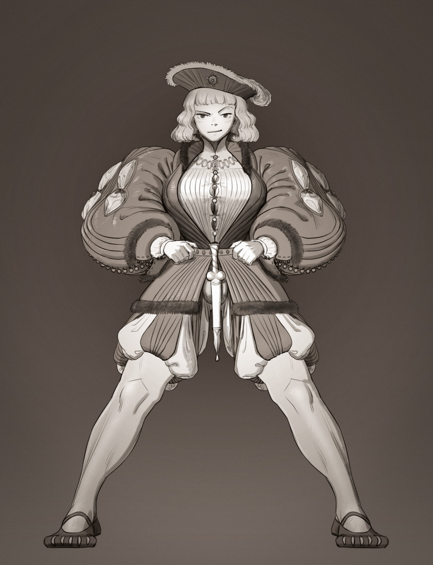 absurdres bad_id bad_twitter_id belt blunt_bangs breasts cleavage female full_body greyscale hat highres jewelry knife large_breasts long_sleeves monochrome necklace original puffy_long_sleeves puffy_sleeves shoes short_hair smile solo standing wass_nonnam