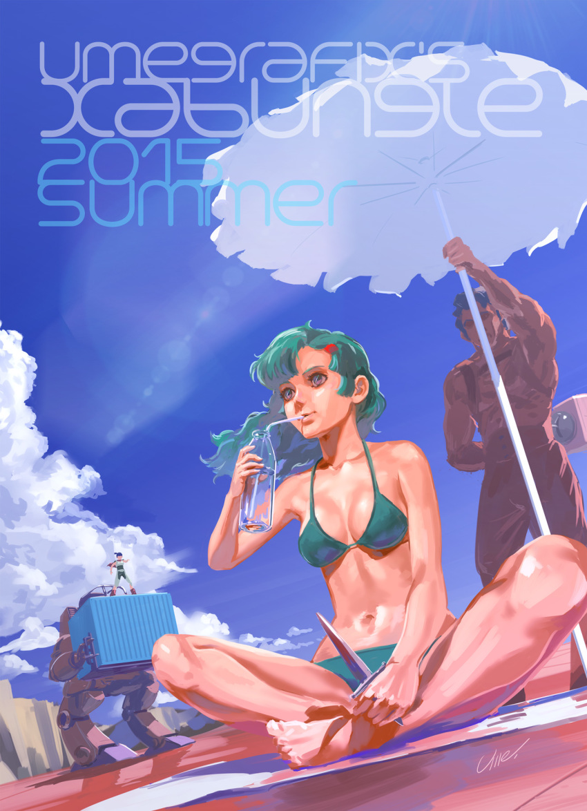 2015 2boys bad_id bad_pixiv_id beach_umbrella bikini blue_sky bodyguard bottle breasts butterfly_sitting closed_mouth cloud collarbone commentary_request container dagger day desert drink drinking dutch_angle elchi_cargo fatman_big female floating_hair green_hair hair_ornament hairclip highres holding holding_bottle holding_knife holding_weapon knife long_hair mecha medium_breasts multiple_boys muscular navel outdoors pants rag_uralo robot science_fiction sentou_mecha_xabungle servant signature sitting sky solo_focus standing sunbathing swimsuit topless_male trad_11_type umbrella umeno_ryuuji walker_(robot) weapon wind