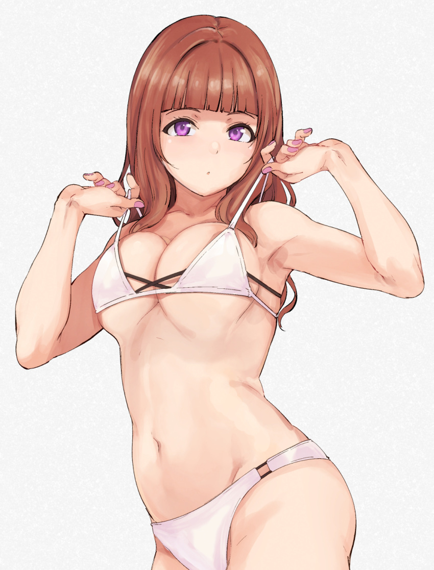 a-rise alp bare_shoulders bikini bikini_pull blunt_bangs breasts brown_hair cleavage clothes_pull collarbone cowboy_shot female grey_background highres looking_at_viewer love_live! love_live!_school_idol_project medium_breasts nail_polish navel pink_nails purple_eyes simple_background skindentation solo standing swimsuit yuki_anju