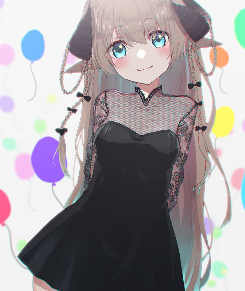 absurdres animal_ears balloon black_dress blue_eyes blush braid brown_hair closed_mouth cowboy_shot curled_horns dress female hair_on_horn highres horns indie_virtual_youtuber long_hair nanase_subaru oota_youjo see-through smile solo twin_braids very_long_hair virtual_youtuber