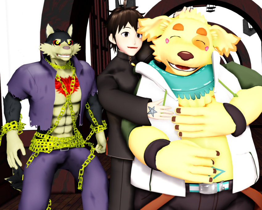 3d_(artwork) 5:4 angry anthro belly blush canid canine canis chains clothed clothing cu_sith_(tas) digital_media_(artwork) domestic_dog garmr_(tas) group happy hi_res human humanoid_hands jealous kemono lifewonders male malicekira mammal mikumikudance_(artwork) muscular muscular_male overweight overweight_male petting_head protagonist_(tas) scarf tokyo_afterschool_summoners trio twink_protagonist_(tas)