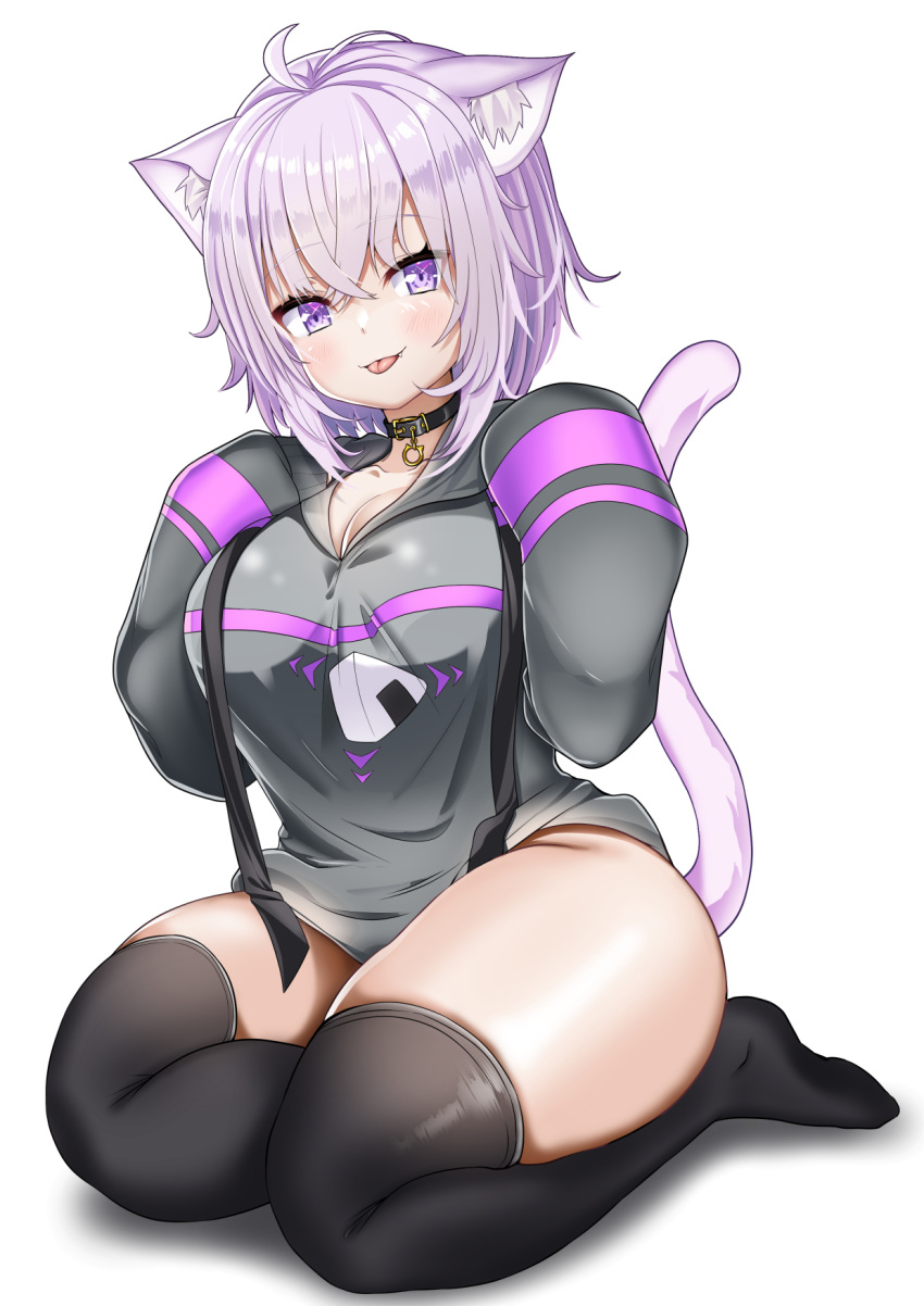 :p ahoge animal_ears bad_id bad_pixiv_id black_thighhighs blush bottomless breasts cat_ears cat_girl cat_tail choker cleavage curvy female highres hololive hood hoodie large_breasts light_purple_hair medium_hair naked_hoodie nekomata_okayu nekomata_okayu_(1st_costume) oerba_yun_fang onigiri_print plump purple_eyes sitting skindentation sleeves_past_wrists smile solo tail takimoto_yukari thick_thighs thighhighs thighs tight_clothes tongue tongue_out virtual_youtuber white_background wide_hips