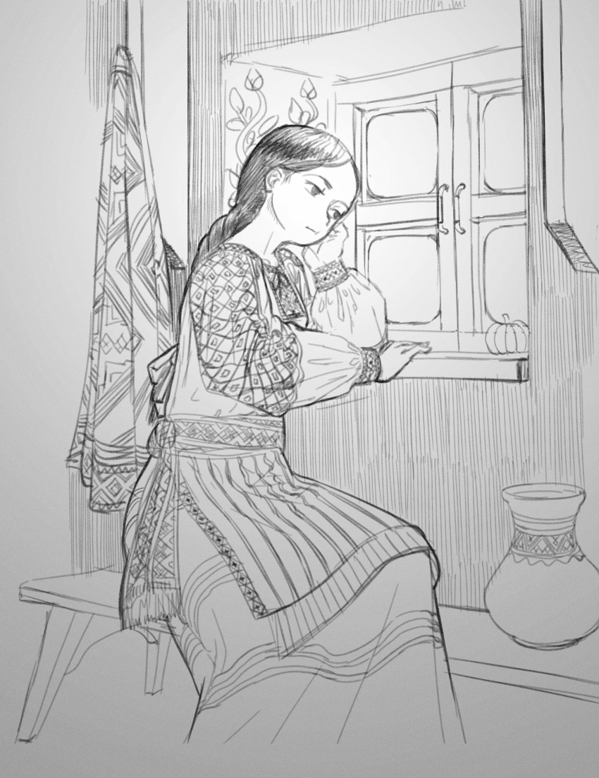 absurdres apron bad_id bad_twitter_id bench dress feet_out_of_frame female greyscale highres long_hair long_sleeves monochrome original solo vase wass_nonnam window