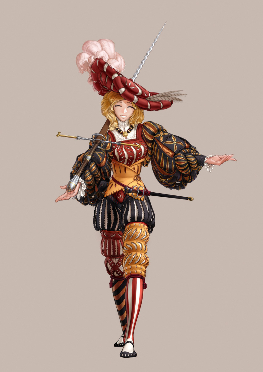 absurdres bad_id bad_twitter_id blonde_hair brown_background closed_eyes codpiece female flamberge frills full_body greatsword hat hat_feather highres katzbalger landsknecht long_hair long_sleeves medieval original parted_lips puff_and_slash_sleeves puffy_long_sleeves puffy_sleeves red_hat renaissance renaissance_clothes shoes simple_background smile solo standing sword wass_nonnam weapon zweihander