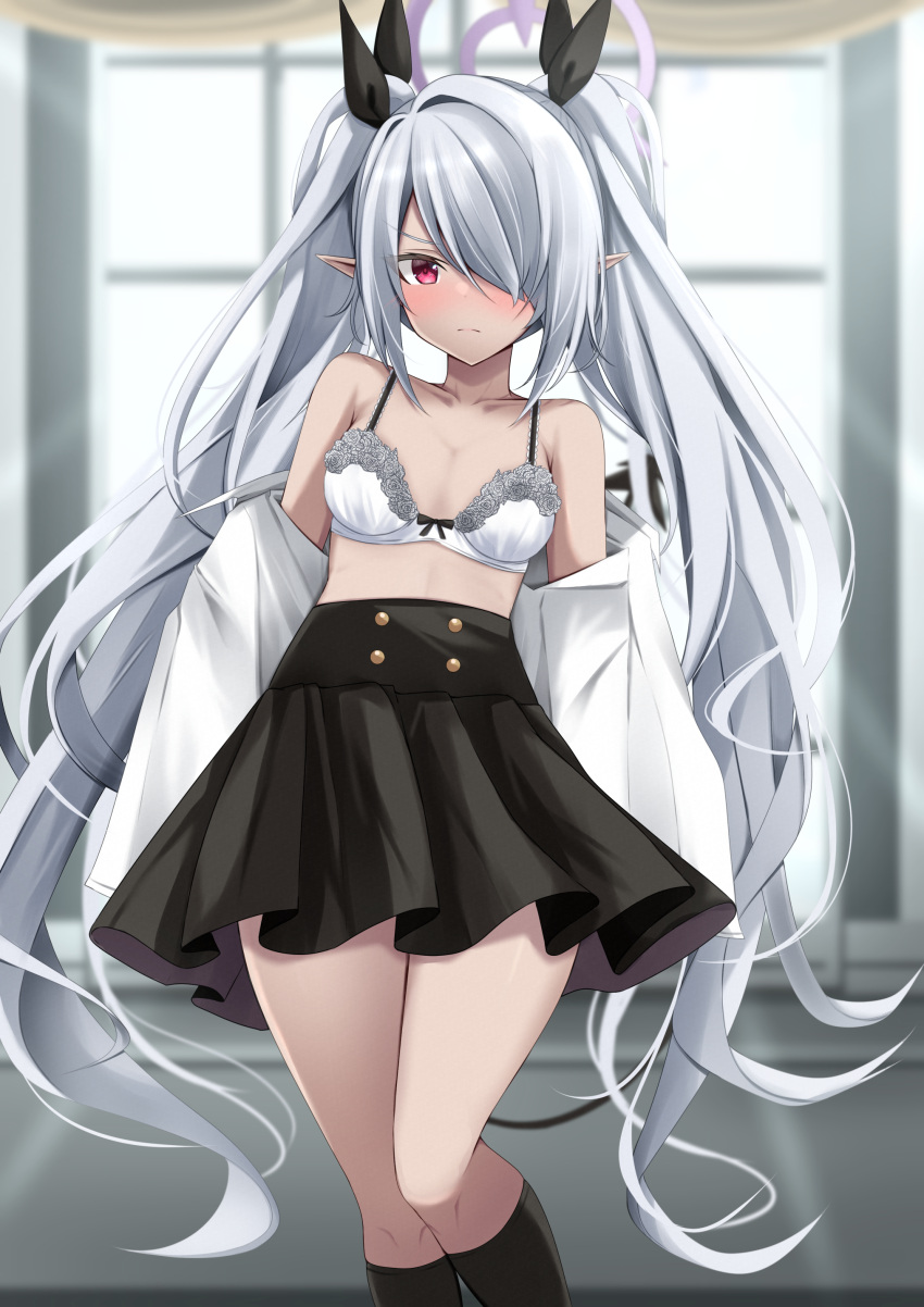 absurdres black_skirt black_socks blue_archive blurry blush bra breasts cleavage collarbone commentary_request dark-skinned_female dark_skin demon_girl demon_tail depth_of_field female grey_hair hair_over_one_eye hair_ribbon halo highres indoors iori_(blue_archive) kamesys kneehighs long_bangs long_hair long_sleeves looking_at_viewer open_clothes open_shirt pointy_ears red_eyes ribbon shirt sidelocks skirt sleeveless small_breasts socks solo standing standing_on_one_leg stomach tail twintails underwear white_bra white_shirt window