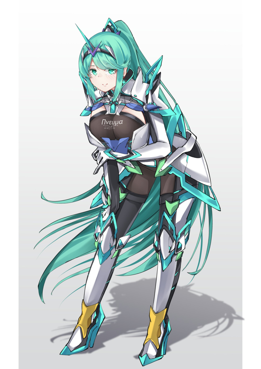 breasts chest_jewel female full_body green_eyes green_hair high_heels highres large_breasts leaning_forward long_hair looking_at_viewer pneuma_(xenoblade) ponytail sarasadou_dan smile solo spoilers standing swept_bangs very_long_hair xenoblade_chronicles_(series) xenoblade_chronicles_2