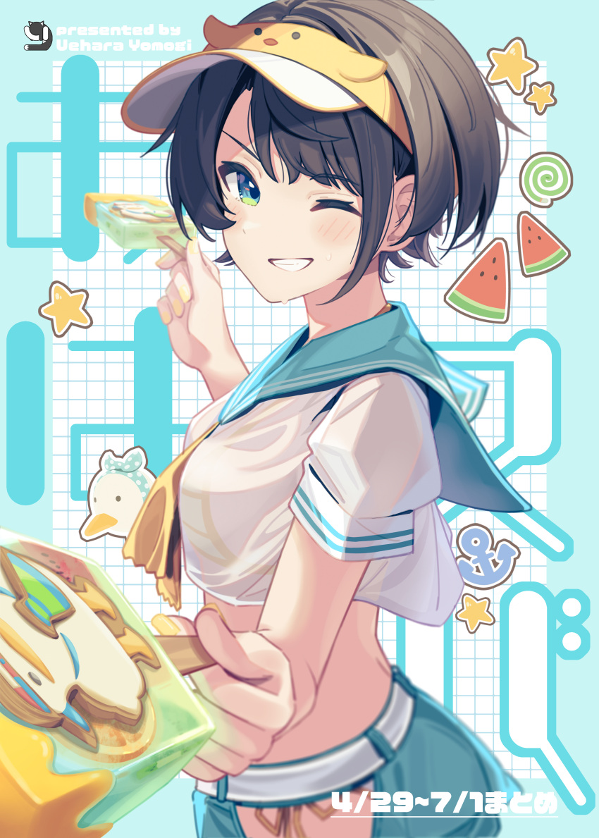 absurdres blue_sailor_collar brown_hair crop_top female food from_side green_eyes grin highres holding hololive looking_at_viewer neckerchief one_eye_closed oozora_subaru popsicle ribbon sailor_collar sailor_shirt shirt short_hair short_sleeves smile solo standing virtual_youtuber visor_cap white_shirt yellow_neckerchief yellow_ribbon yomogi_uehara