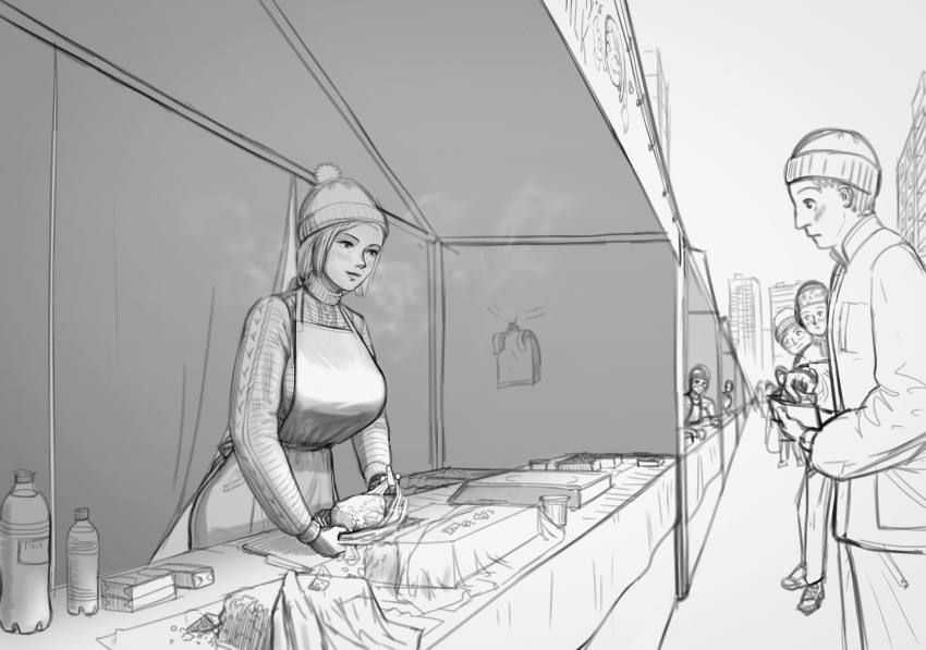 4boys absurdres apron bad_id bad_twitter_id bottle breasts building female food greyscale hat highres holding knife large_breasts long_sleeves monochrome multiple_boys original ponytail profile steam vanishing_point wass_nonnam