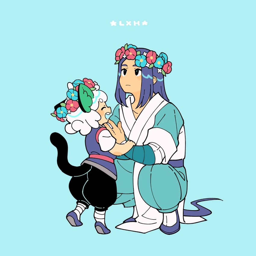 2boys abyff14 animal_ears aqua_background aqua_flower black_footwear black_hair blush cat_boy cat_ears cat_tail closed_eyes flower head_wreath long_hair luo_xiaohei luo_xiaohei_(human) luo_xiaohei_zhanji multiple_boys no_nose open_mouth profile red_flower shoes short_hair short_sleeves simple_background smile squatting tail very_long_hair white_hair wuxian_(the_legend_of_luoxiaohei)