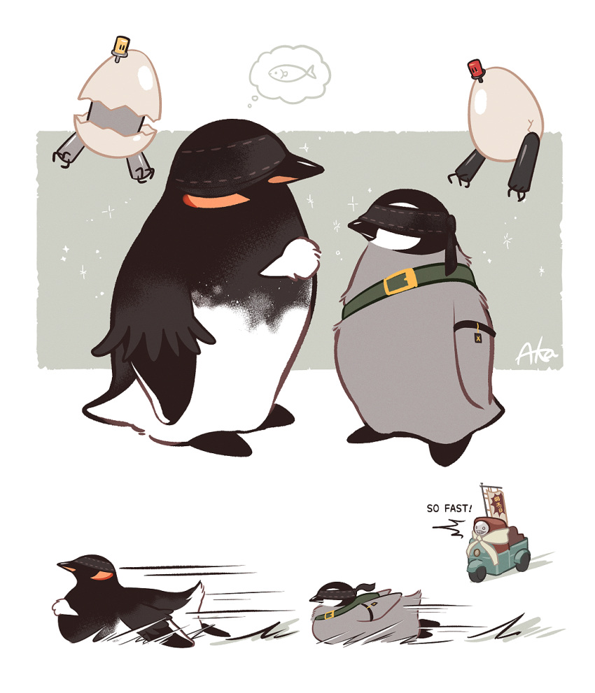 ambiguous_gender armband avian backpack bird black_body blindfold digital_media_(artwork) duo_focus egg emil_(nier) english_text female_(lore) feral feralized fish grey_body group hi_res machine male_(lore) mammal marine missaka nier_automata penguin platinumgames pod_042 pod_153 robot simple_background size_difference sliding standing tail text thought_bubble white_body yorha_2b yorha_9s