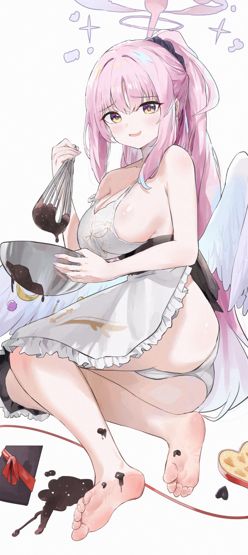 absurdres alternate_costume angel_wings apron ass barefoot blue_archive blush breasts chocolate chocolate_on_body cleavage collarbone feathered_wings feet female food_on_body food_on_foot foot_focus foreshortening frilled_apron frills halo highres jsscj large_breasts legs long_hair looking_at_viewer mika_(blue_archive) open_mouth panties pink_hair pink_halo sideboob simple_background soles solo toenails toes underwear whisk white_apron white_background white_panties white_wings wings yellow_eyes