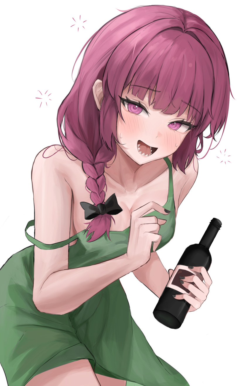 absurdres bare_shoulders black_bow black_nails blush bocchi_the_rock! bottle bow braid breasts collarbone dress drunk female green_dress hair_over_shoulder hairbow highres hiroi_kikuri hoangryu holding holding_bottle leaning_forward long_hair looking_at_viewer low-braided_long_hair low-tied_long_hair medium_breasts open_mouth purple_eyes purple_hair sharp_teeth simple_background single_braid smile solo squeans strap_slip teeth white_background