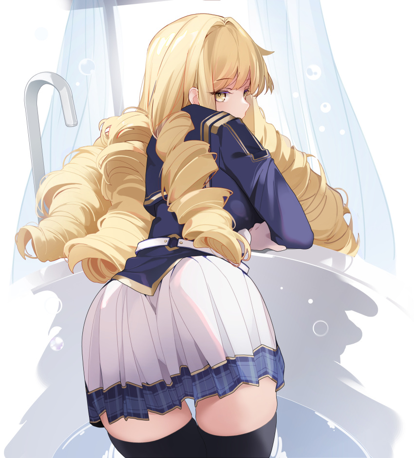 absurdres ass ass_focus bathtub black_thighhighs blonde_hair blue_jacket breasts commentary_request drill_hair faucet feet_out_of_frame female from_behind hair_between_eyes highres in_water indoors jacket kage_no_jitsuryokusha_ni_naritakute! large_breasts long_bangs long_hair looking_at_viewer looking_back midgar_academy_school_uniform rose_oriana school_uniform skirt solo thighhighs white_skirt yellow_eyes zelef0302 zettai_ryouiki