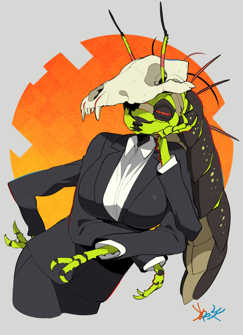 antennae arthropod_girl black_pants breasts collared_shirt cropped_legs extra_arms female formal grey_background half-closed_eyes head_rest highres jacket joints kometsubu large_breasts leaning_to_the_side mandibles monster_girl office_lady original pant_suit pants red_eyes ringed_eyes shirt simple_background skull_on_head solo suit suit_jacket tabletop_rpg