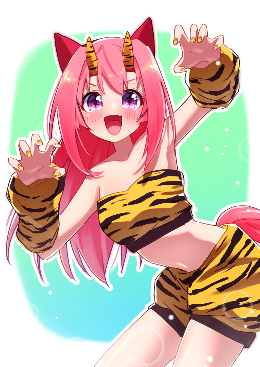 :d absurdres alternate_hairstyle animal_ears armpits claw_pose commentary_request cosplay ear_covers fake_horns female flower_in_eye freely2327 hair_down haru_urara_(umamusume) highres horns horse_ears horse_girl horse_tail long_hair looking_at_viewer midriff oerba_yun_fang oni_costume pink_hair purple_eyes sakura_laurel_(oni_laurel)_(umamusume) sakura_laurel_(umamusume) sakura_laurel_(umamusume)_(cosplay) smile solo symbol_in_eye tail umamusume umamusume:_star_blossom