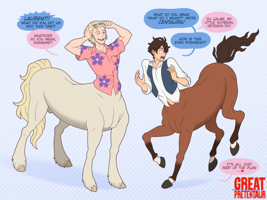 4:3 animal_genitalia ass barely_visible_genitalia barely_visible_sheath blonde_hair brown_body brown_fur brown_hair brush brushing brushing_hair button_down_shirt centaur clothed clothed_taur clothing dialogue duo english_text equid equid_taur equine equine_taur european_mythology floral_shirt frankly-art fully_sheathed fur genitals great_pretender greek_mythology hair hooves human_torso humanoid humanoid_taur laurent_thierry_(great_pretender) looking_back_at_self makoto_edamura_(great_pretender) male mammal mammal_taur midriff mythology ogling partially_clothed personal_grooming sheath styling_hair surprise_transformation tail taur text topwear transformation vest yellow_body yellow_fur