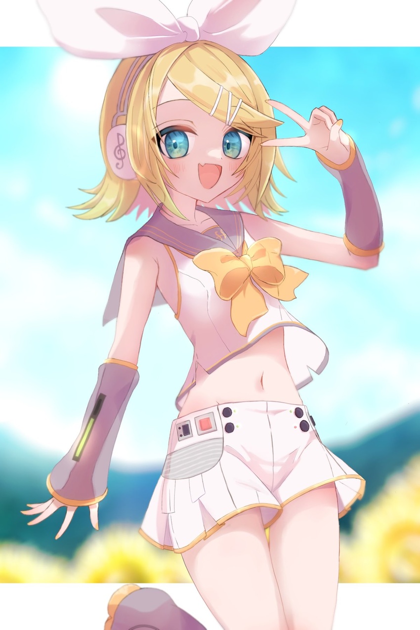 aqua_eyes arm_warmers bare_shoulders blonde_hair blue_sky blurry blurry_background blush bow collarbone detached_sleeves female flat_chest fortissimo grey_leg_warmers grey_sailor_collar grey_sleeves hair_ornament hairbow hairclip headphones highres kagamine_rin kagamine_rin_(vocaloid4) leg_up leg_warmers looking_at_viewer midriff narrow_waist navel neckerchief nnc225 oerba_yun_fang open_mouth pale_skin piano_print pleated_shorts sailor_collar see-through see-through_sleeves shirt shirt_bow skin_fang skinny sky sleeveless sleeveless_shirt smile solo treble_clef v v4x vocaloid white_bow white_shirt yellow_bow yellow_nails yellow_neckerchief