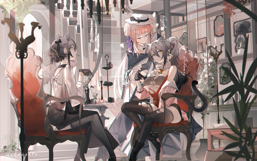 3girls absurdres alternate_costume animal_ears arknights backless_dress backless_outfit bandeau bare_shoulders bell black_bag black_bow black_dress black_footwear black_gloves black_shorts blue_dress bow breasts candlestand cat_ears cat_girl cat_tail ceylon_(arknights) chair cleavage closed_eyes closed_mouth commentary_request cup dress gloves gradient_dress grey_bandeau grey_hair grey_thighhighs hair_between_eyes hand_on_another's_head heart high_heels highres holding holding_cup indoors jacket krao long_hair looking_at_viewer mouth_hold multiple_girls neck_bell off_shoulder official_alternate_costume open_clothes open_jacket pink_hair pink_jacket railing schwarz_(arknights) schwarz_(presents)_(arknights) shirt short_hair shorts sideways_glance sitting stairs stalk_in_mouth table tail teacup texas_(arknights) thighhighs tiered_tray torn_bandeau torn_clothes torn_thighhighs underboob white_dress white_headwear white_shirt wide_shot wolf_ears wolf_girl yellow_eyes