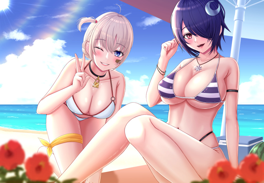 2girls absurdres ahoge aogiri_koukou arm_strap bandaid bandaid_on_cheek bandaid_on_face bare_shoulders beach beach_umbrella bikini black_choker blue_eyes blue_sky blush bora_(karasumin0) bracelet braid breasts choker cleavage cloud collarbone cooler crescent crescent_hair_ornament flower food fruit hair_ornament hair_over_one_eye highres jewelry large_breasts leg_ribbon looking_at_viewer multi-strapped_bikini_bottom multiple_girls navel necklace ocean one_eye_closed one_side_up ooshiro_mashiro open_mouth otodama_tamako outdoors pink_eyes purple_bikini purple_hair red_flower ribbon shore short_hair sky smile star_(symbol) star_necklace striped_bikini striped_clothes sun swimsuit thigh_ribbon umbrella v virtual_youtuber watermelon white_bikini yellow_ribbon