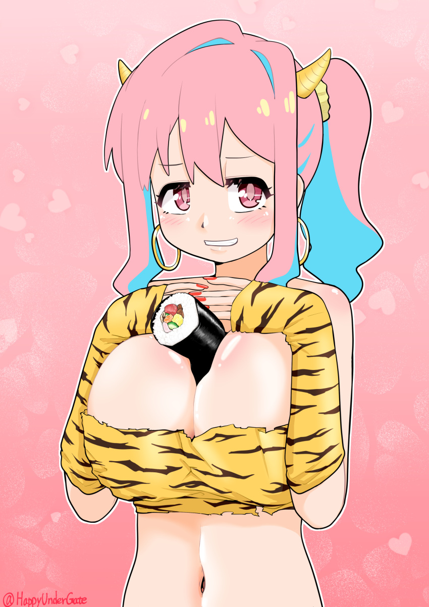 absurdres animal_print artist_name bandeau bare_shoulders between_breasts blue_hair blush breasts commentary_request earrings ehoumaki female food grin hair_between_eyes hands_on_own_chest happyundergate heart heart_background highres hoop_earrings horns hozuki_kaede huge_breasts jewelry long_hair looking_at_viewer makizushi midriff multicolored_hair nail_polish navel onii-chan_wa_oshimai! outline partial_commentary pink_background pink_eyes pink_hair red_nails setsubun sexually_suggestive side_ponytail sidelocks simple_background smile solo sushi tiger_print twitter_username two-tone_hair upper_body white_outline