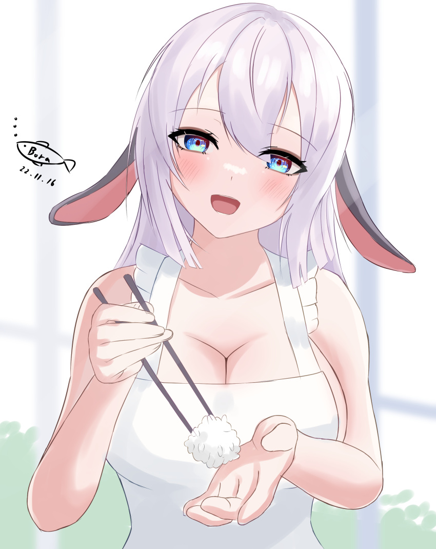 absurdres animal_ears aogiri_koukou apron artist_logo blue_eyes blush bora_(karasumin0) breasts chopsticks cleavage collarbone dated female highres holding holding_chopsticks long_hair lop_rabbit_ears naked_apron open_mouth rabbit_ears rice solo upper_body virtual_youtuber white_hair yamaguro_nekuro