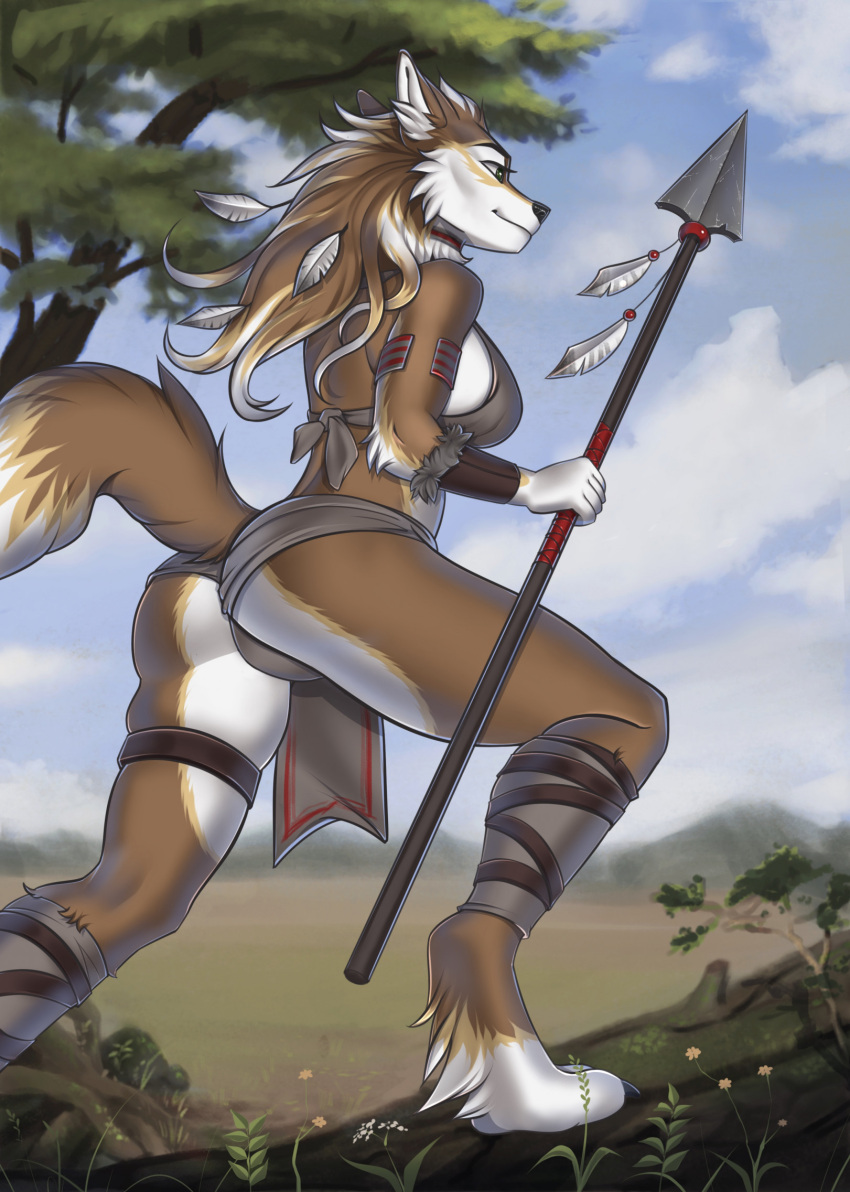 2024 anthro ass biped black_nose blue_sky breasts brown_body brown_fur canid canine canis cheek_tuft claws clothed clothing cloud day digital_media_(artwork) eyebrows eyelashes facial_tuft feathers feet female fur grass green_eyes hair hi_res hindpaw holding_melee_weapon holding_object holding_polearm holding_spear holding_weapon inner_ear_fluff long_hair mammal melee_weapon novery outside paws plant polearm shaded sky solo spear toe_claws tree tribal tribal_clothing tuft weapon white_body white_fur white_inner_ear_fluff wolf