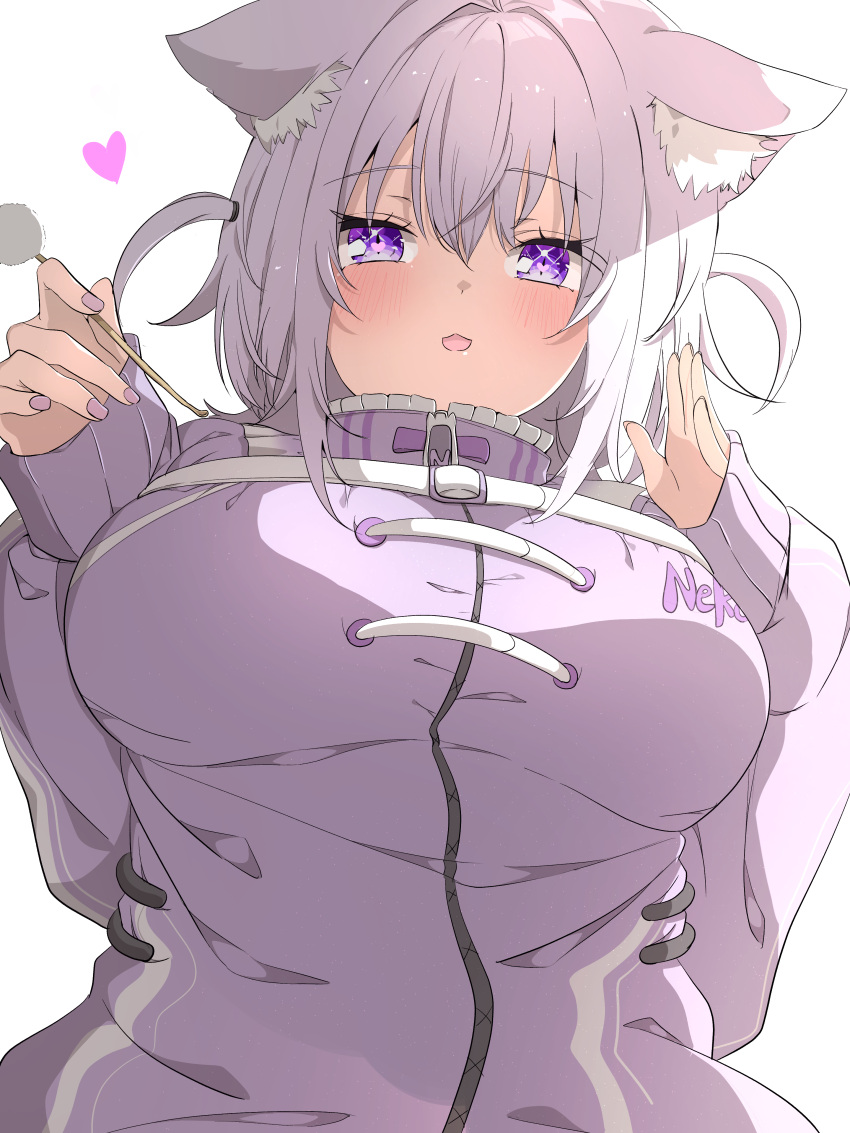 :3 absurdres animal_ear_fluff animal_ears blush breasts cat_ears commentary_request female grey_background hands_up heart heart-shaped_pupils highres holding hololive huge_breasts jacket long_sleeves looking_at_viewer medium_hair nekomata_okayu nekomata_okayu_(membership) official_alternate_costume open_mouth purple_eyes purple_hair purple_jacket purple_nails simple_background sleeves_past_wrists smile solo symbol-shaped_pupils upper_body virtual_youtuber yunon_oto_mad