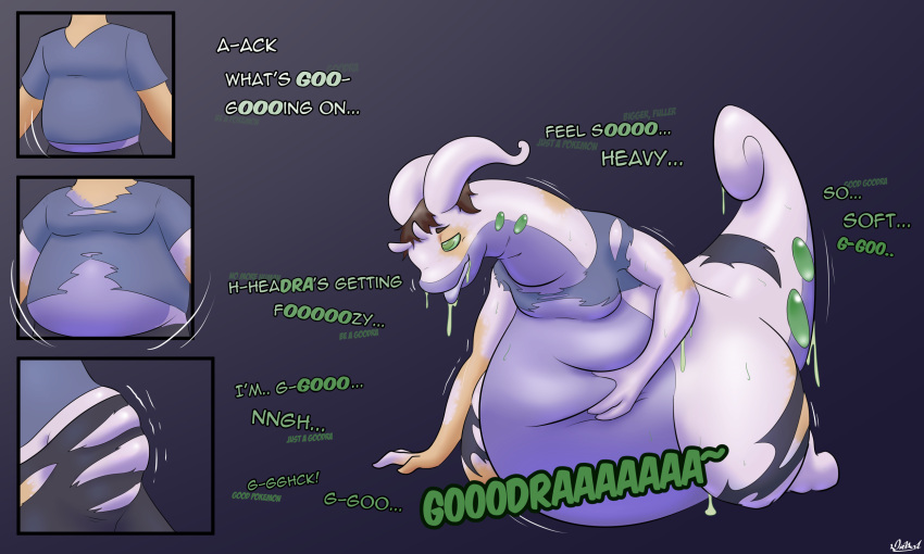 5:3 belly belly_expansion big_belly bodily_fluids brown_hair bursting_out_of_clothing clothing diethyl dragon drooling english_text expansion feral generation_6_pokemon goo_(disambiguation) goodra growth growth_lines hair half-closed_eyes hi_res holding_belly human human_to_feral hypnosis hypnosis_eyes identity_death intelligence_loss kneeling looking_pleasured loss_of_speech male mammal mid_transformation mind_alteration mind_control mythological_creature mythological_scalie mythology narrowed_eyes nintendo nude overweight overweight_feral overweight_male pink_body pokemon pokemon_(species) pokemon_speak ringed_eyes saliva scalie smile solo species_transformation tail tail_burst tail_growth tail_tenting text tongue tongue_out torn_clothing transformation unwilling_to_willing verbal_reaction_to_tf weight_gain