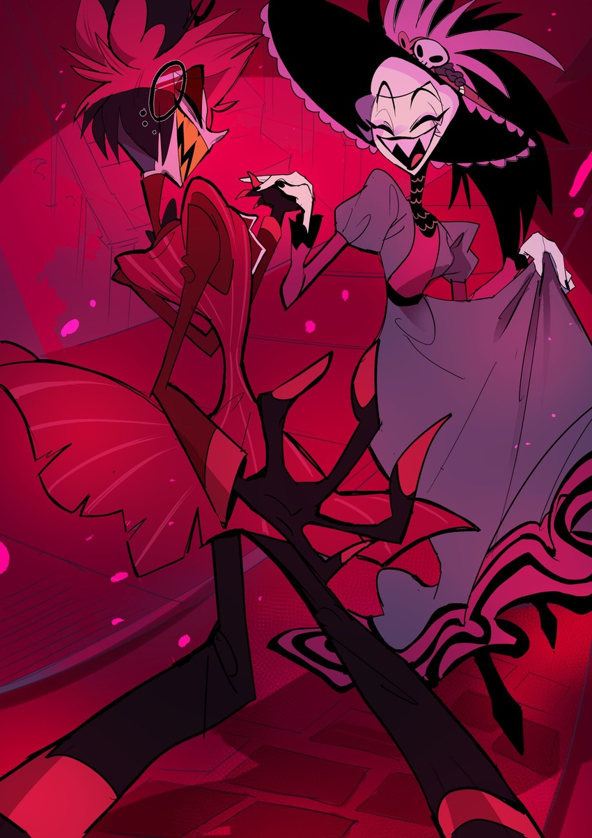 1boy alastor_(hazbin_hotel) closed_eyes dancing demon demon_girl demon_horns dress female hat hazbin_hotel highres horns mi_soxxx10 pants red_hair red_pants red_suit rosie_(hazbin_hotel) suit sun_hat