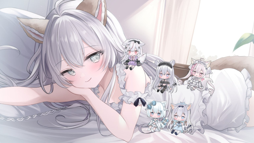 ahoge animal_ears blue_eyes blush cat_ears commentary commission dress felicia_lulufleur grey_hair hair_intakes hoshiyo_nemu indie_virtual_youtuber kurage_cc kurenagi_eri long_hair multicolored_hair pillow pink_eyes pink_hair skeb_commission sleeveless sleeveless_dress smile sorashi_purumu streaked_hair symbol-only_commentary very_long_hair virtual_youtuber white_dress yamane_nemu_(vtuber)